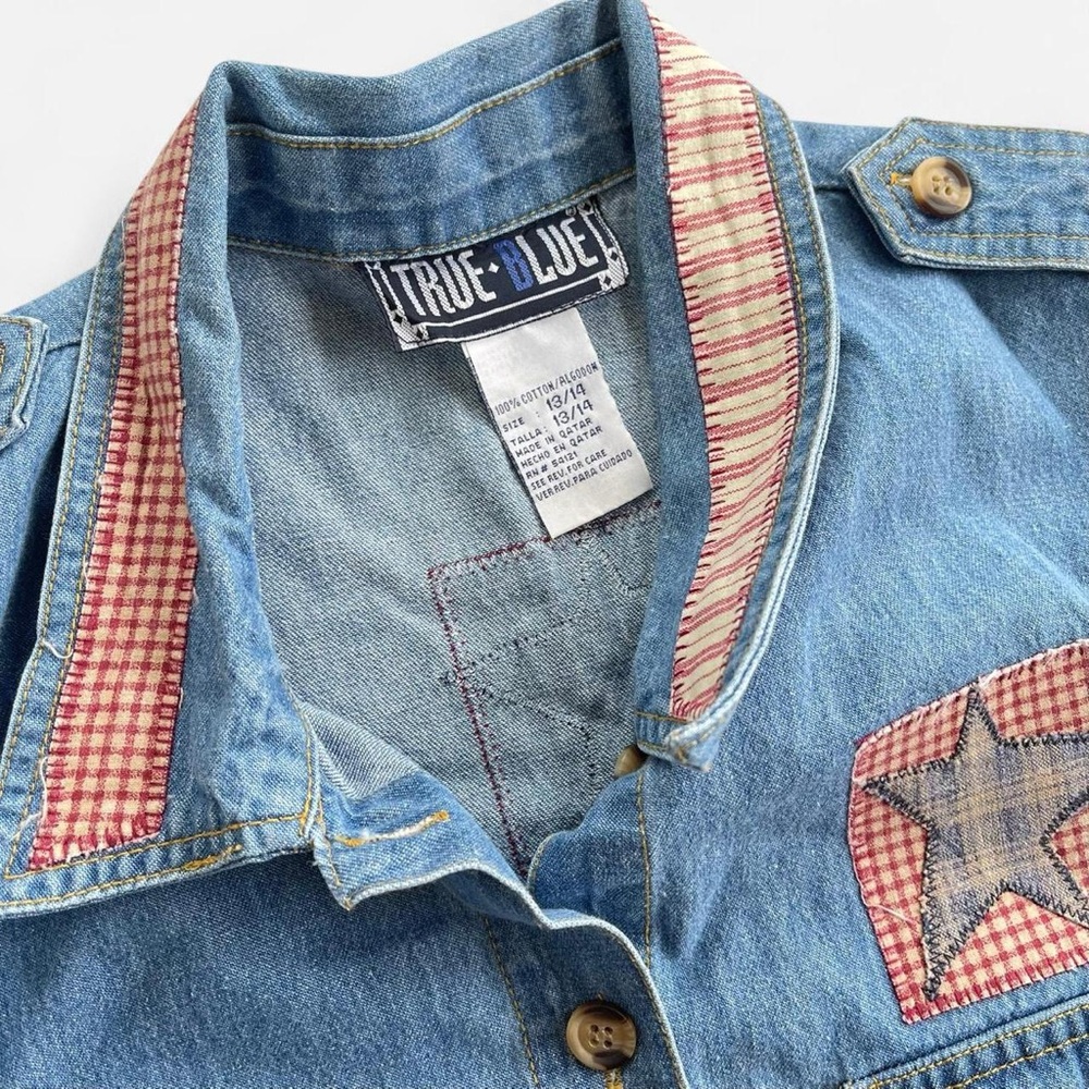 True Blue 90s Vintage Sleeveless Denim Jumper Dress Patchwork Country Stars - Picture 4 of 6